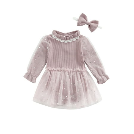 

Ehfomius Baby Romper Hairband Triangular Mesh Stitching Shiny Sequins Embellished Knitted Long Flared Sleeve Jumpsuit for 0-24 Months Girl