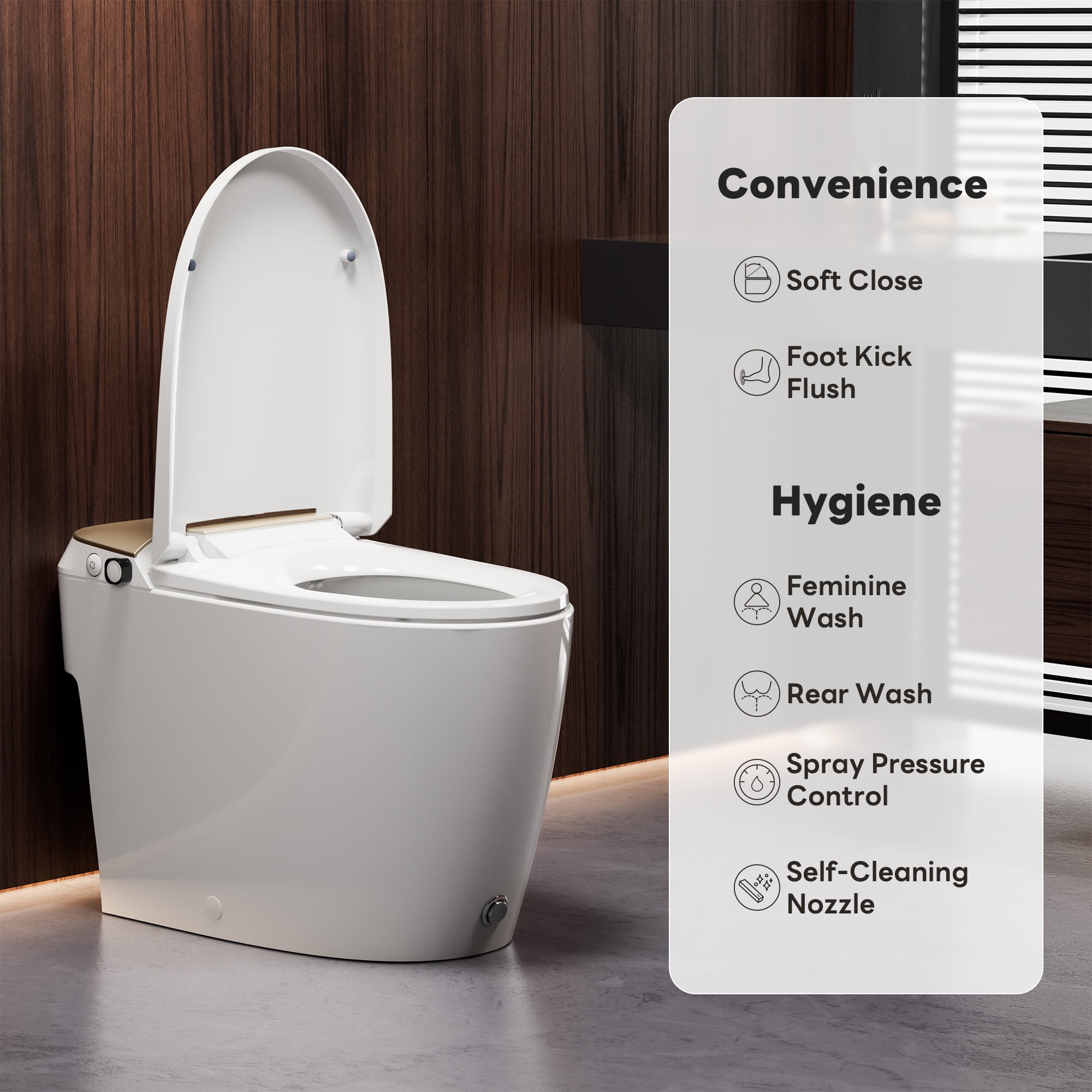 Casta Diva Non-Electric Bidet Toilet, MAP 1000g Powerful Flush Smart Toilet with Lady/Rear Wash, Foot-kick Flush, ADA Comfort Seat Height (Power Free)