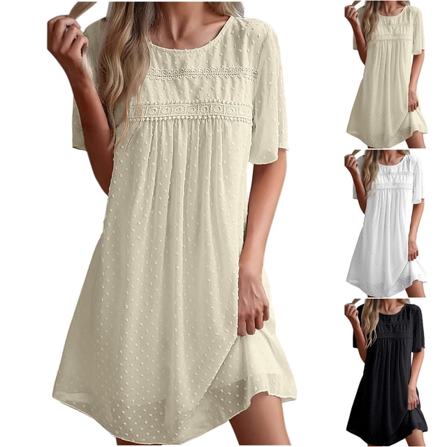 WRKEKC Robes d'Été Décontractées pour Femmes, Robes d'Été Grande Taille, Robes d'Été pour Femmes à Col Rond Aguichant en Dentelle à Double Couche Unies à Manches Courtes