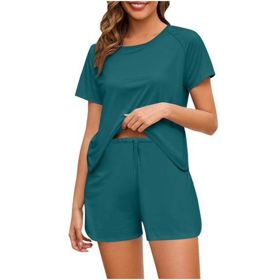pstuiky Womens Pajama Set Fashion Solid Color Comfortable Lounge Sets Summer Loose Fit Crew Neck Short Sleeve Pajama Sets with Shorts Mint Green XL