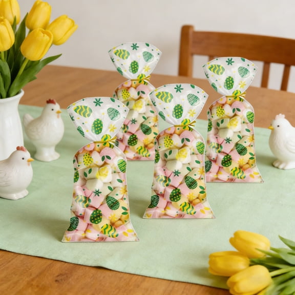 100 PCS Easter Candy Bags with Ties, Easter Treat Bags Bunny Candy Bag, Goodie Treat Snack Goody Cookie Small Gifts Wrap Plastic Bag Pouch, Party Favors Supplies Decorations