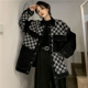 thumbnail image 3 of -chaqueta vaquera de gran tamaño para mujer, ropa de calle de moda coreana, Chaquetas vaqueras a cuadros Vintage negras, abrigo suelto gótico elegante, 3 of 5