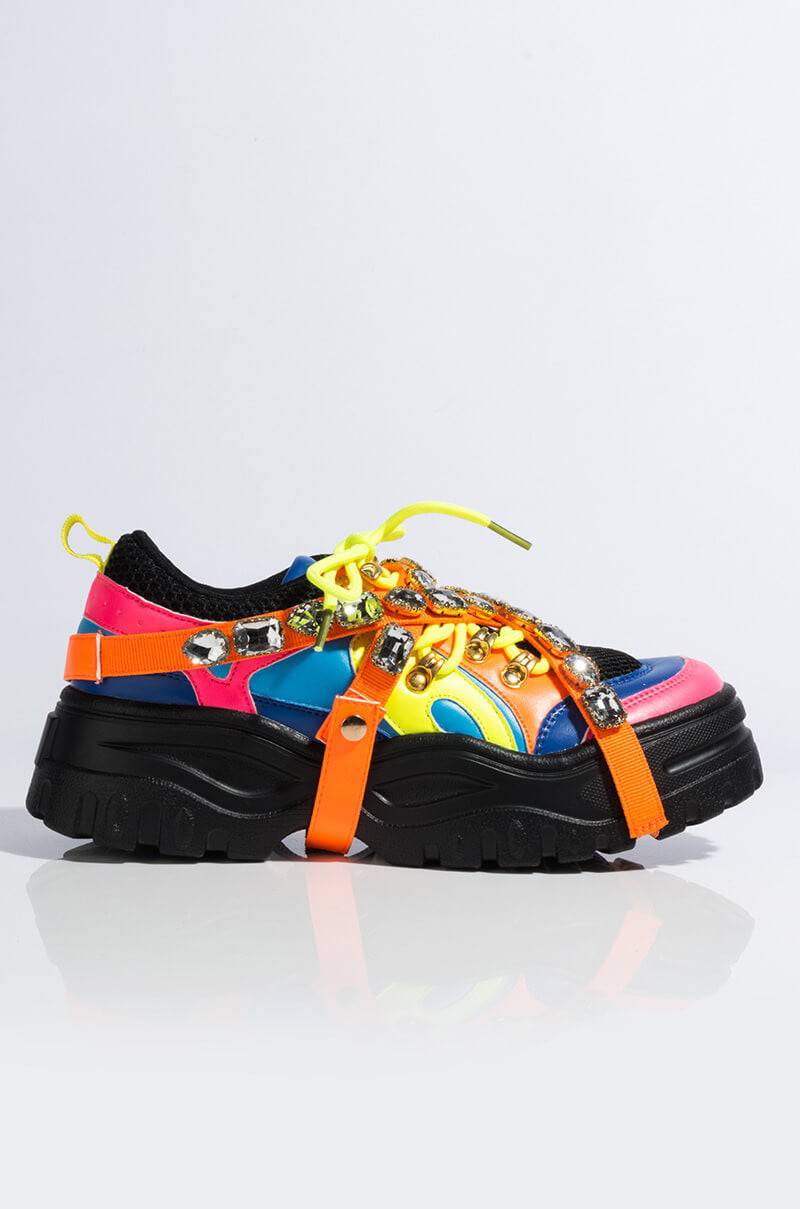 Cape Robbin CHUNK FEVER Neon Multicolor Mesh Trim Jewel Straps Lug Sole Sneaker 