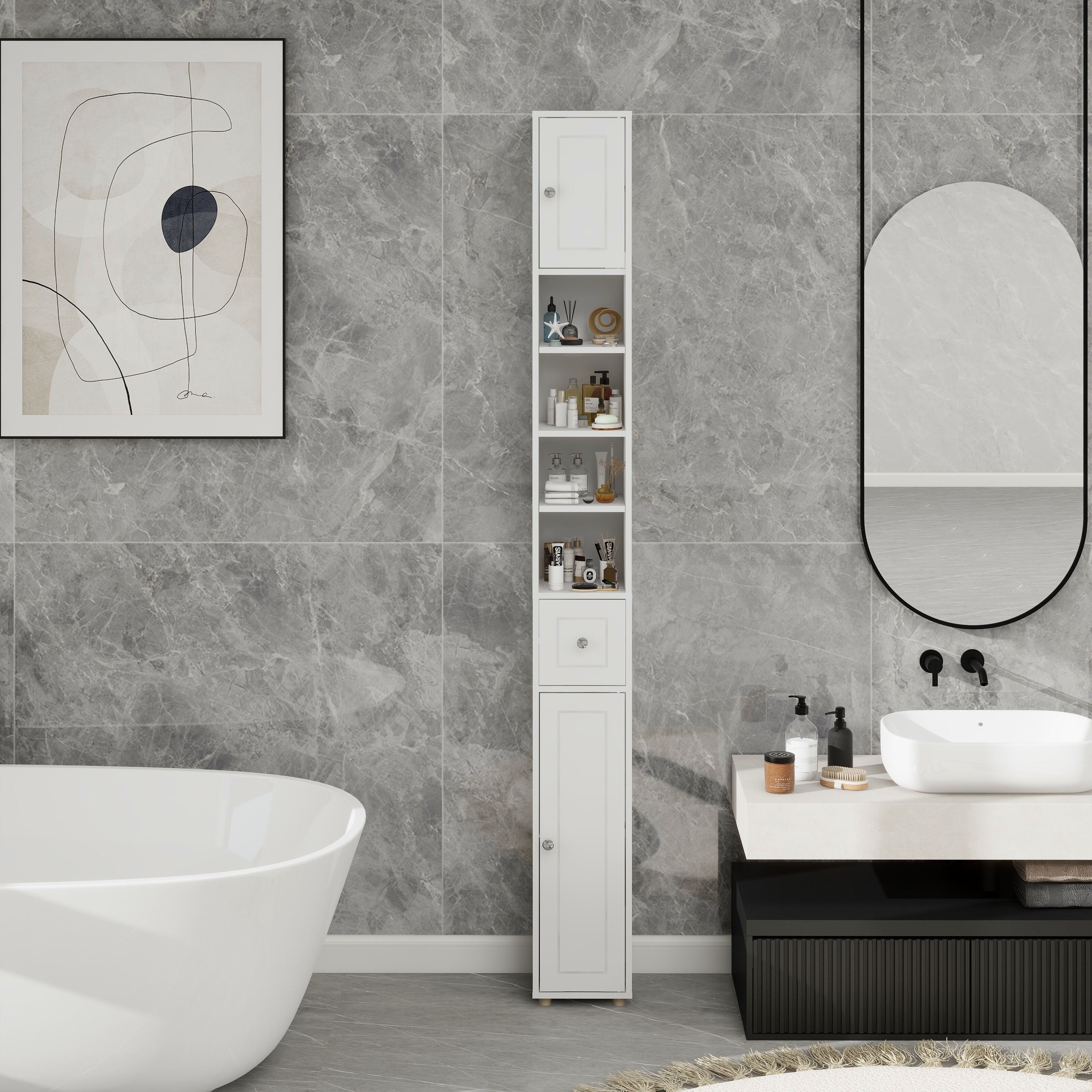 Bathroom Storage Cabinet Tall Slim Bathroom Storage Cabinet, 71" Freestanding Bathroom Cabinet with 1 Drawer, 2 Doors and 4 Adjustable Shelves-White,Over The Toilet Storage