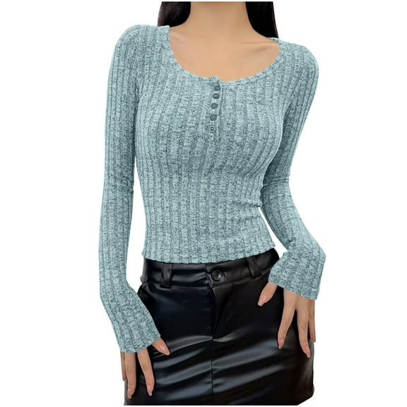 SMihono Women's Scoop Neck Button Cropped Pullover Sweater Casual Fall Knit Sweaters Lightweight Slimed Fitted Pullover Blue M