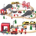 thumbnail image 1 of Set de tren de madera Giant Bean Fire Station, 72 unidades, con rieles, 1 of 8