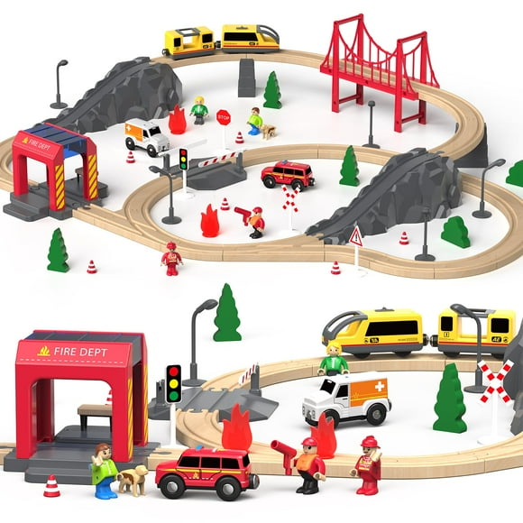 Set de tren de madera Giant Bean Fire Station, 72 unidades, con rieles