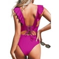 thumbnail image 3 of Women'S Ruffled Swimsuit V Neck Lace Up Rose Red XXL, 3 of 6