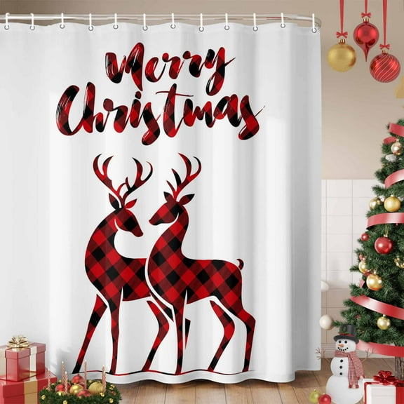 Merry Christmas Shower Curtain, Plaid Xmas Elk Seasonal Winter Holiday Waterproof Fabric Shower Curtains with 12 Hooks, Bathroom Curtain Set for Bathroom Accessories Decor, 48 x 72 Inches