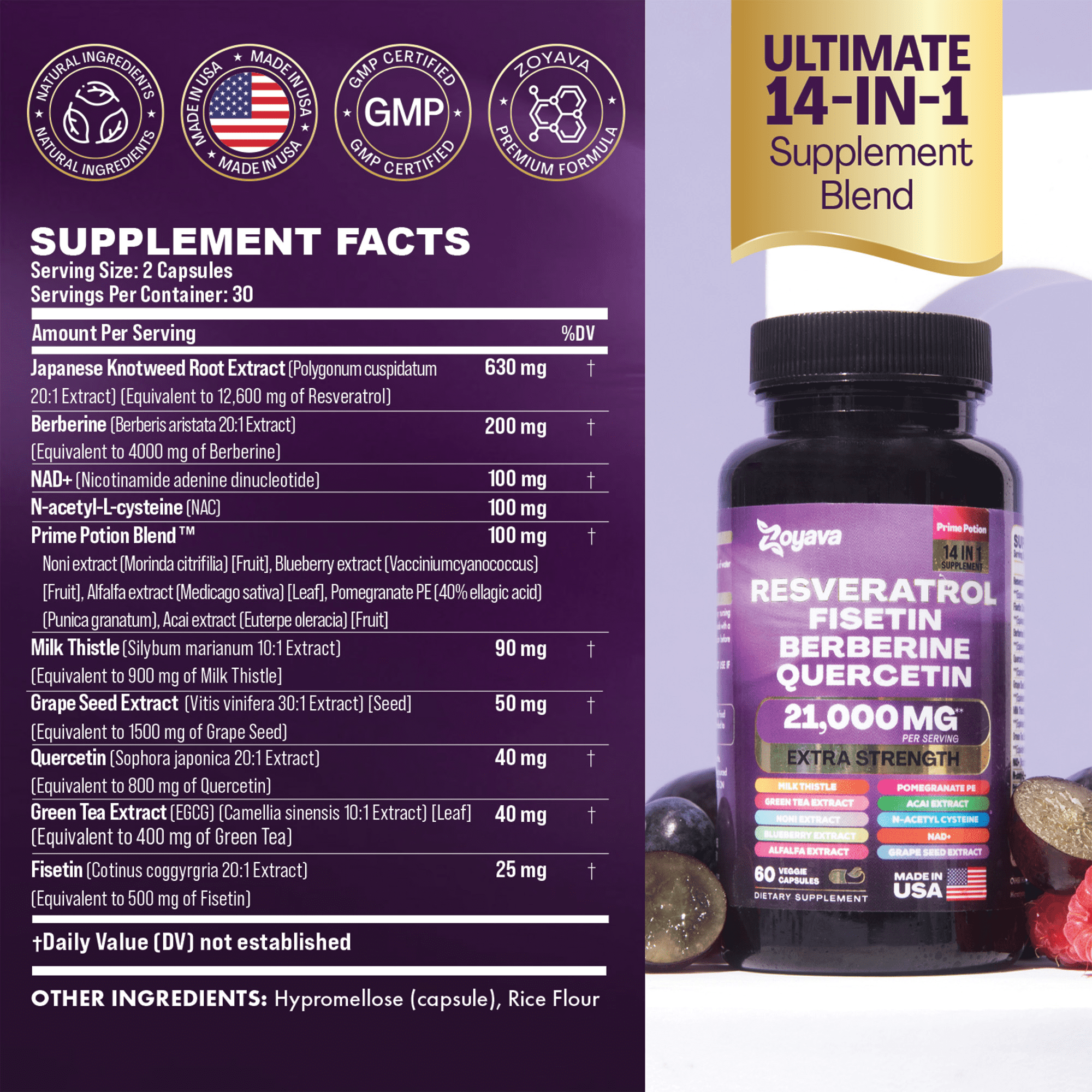 Zoyava Resveratrol Supplement with Milk Thistle, NAD+, Berberine, Quercetin, NAC, Grape Seed, Green Tea - 12600mg