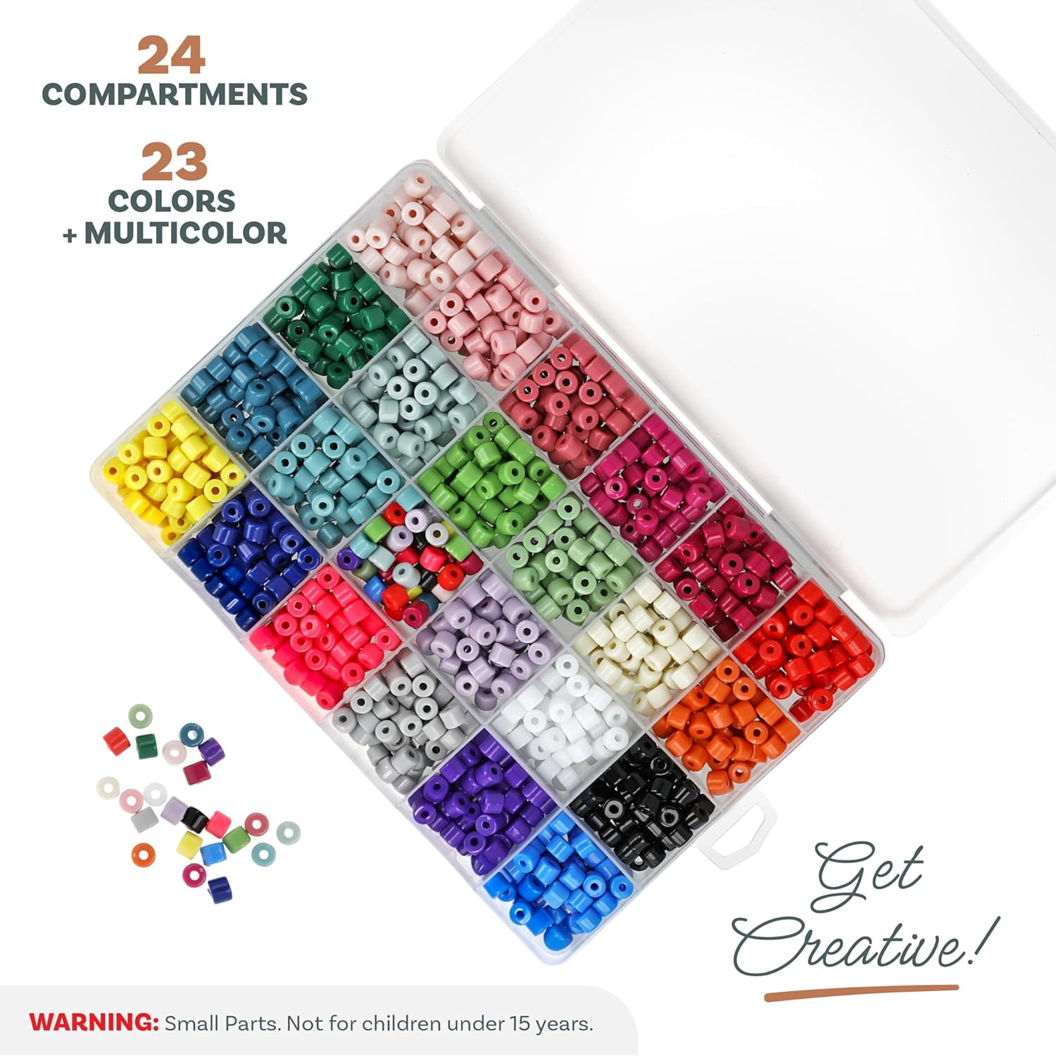 The Beadsmith Acrylic Beads Assortment – Tube Beads Assorted Colors, Approx. 1200pc, 24 Compartments, 23 Colors + Mixed, 0.25" x 0.2" Cylinder Beads