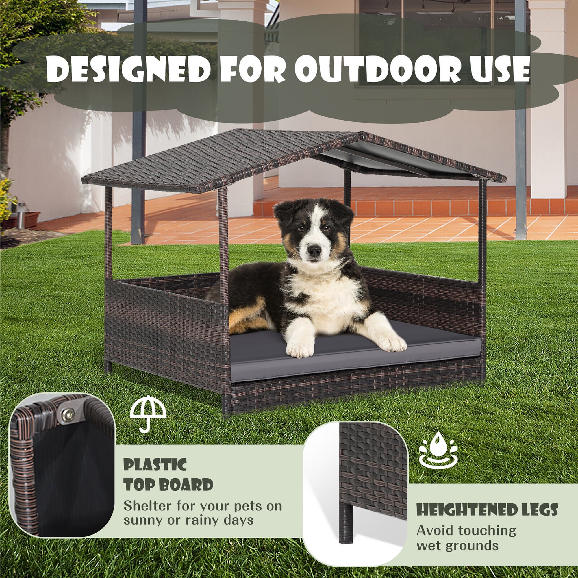 Gymax Wicker Dog House w/ Cushion Lounge Raised Rattan Bed for Indoor/Outdoor Grey