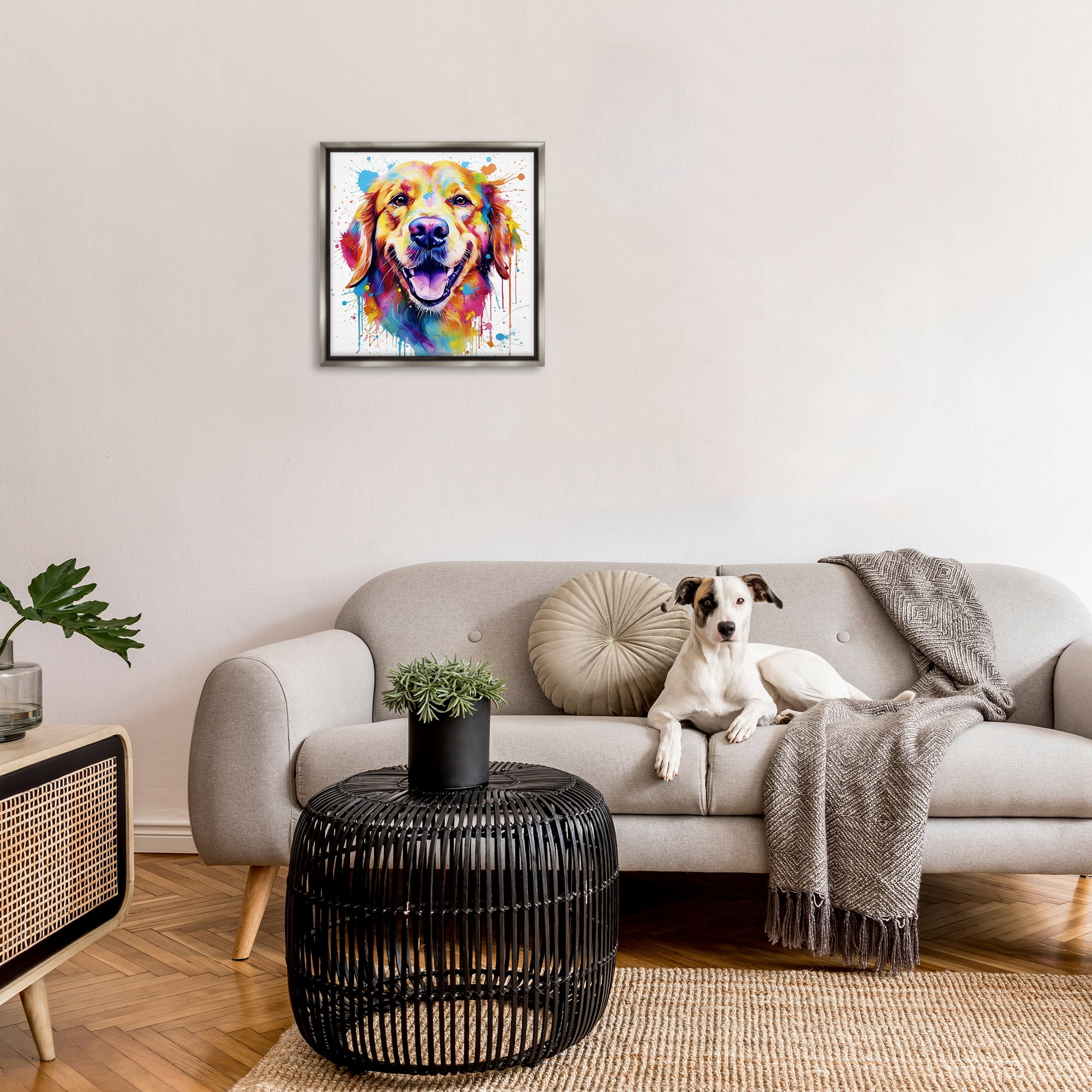 Stupell Industries Happy Dog Paint Drip Animals & Insects Painting Gray Floater Framed Canvas Art Print Wall Art, 25 x 25