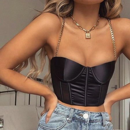 

New Women s Summer Chain Spagetti Strap Camisole Solid Color Vest Crop Tops Sexy Low Cut Padded Short Camis Clubwear Tops