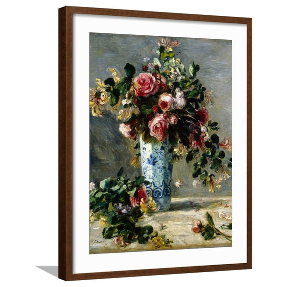 Art.com Roses and Jasmine in a Delft Vase, 1880-1881 Giclee Print by Pierre-Auguste Renoir, Brown Frame Wall Art, 23" x 29"