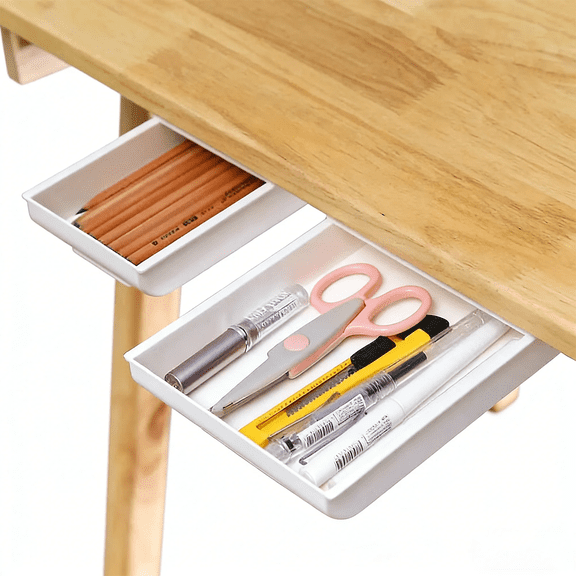 Under Desk Pull-Out Storage Drawer 2 Pack, Self-Adhesive Hidden Organizer Trays for Stationery & Small Items