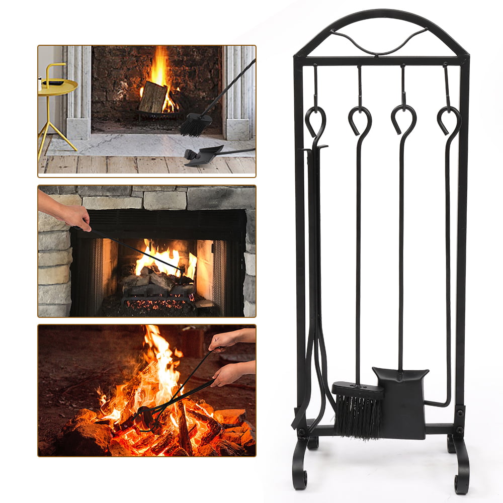 Shovel Hearth Accessories Including Tongs Stand Type 2 Fire Pits Poker & Broom，Antique Brush Chimney Poker 5 Pcs Fireplace 31 Inch Large Black Handle Wrought Iron Fire Place Tool Sets