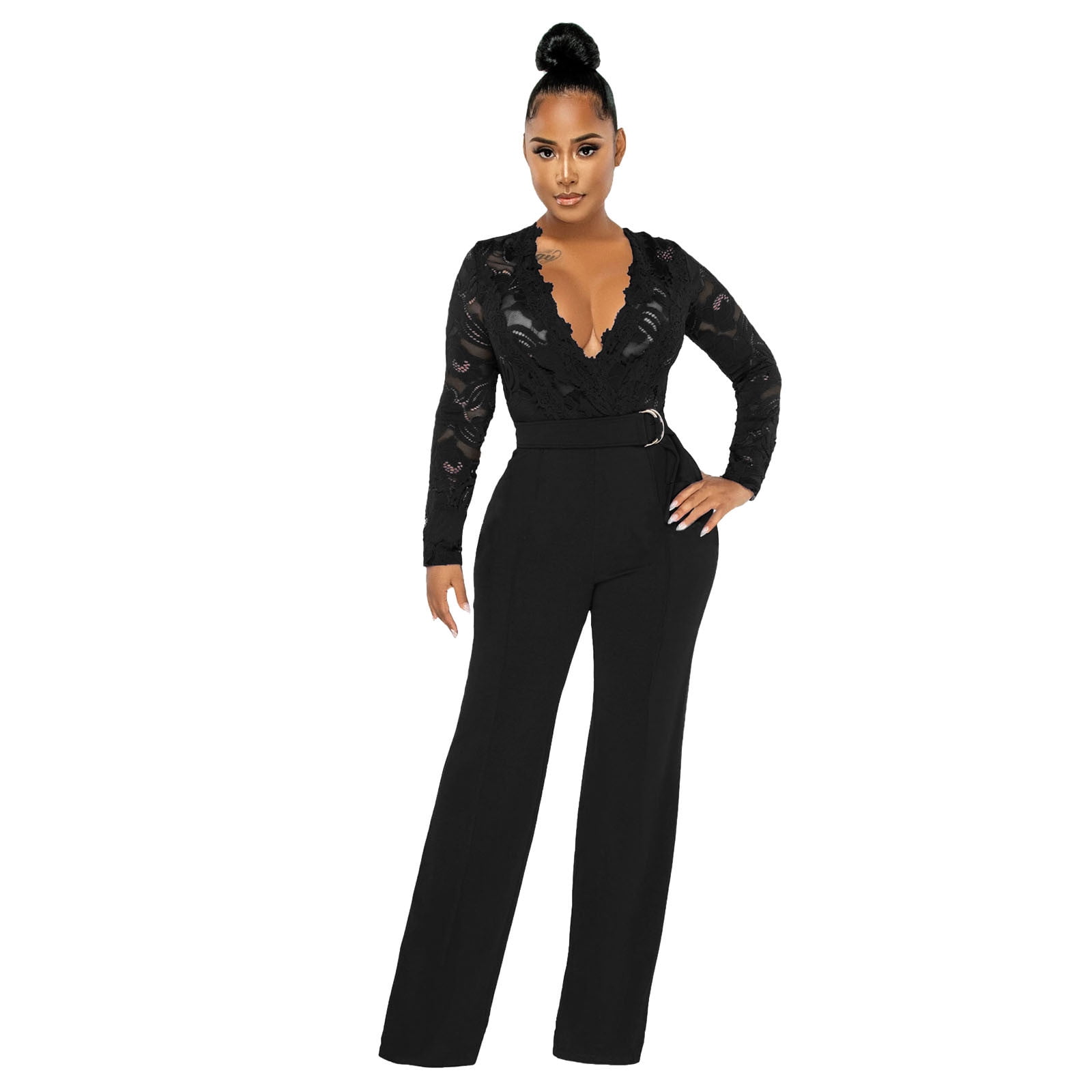 LBECLEY Jumpsuits for Women Jumpsuit Girls Women Long Sleeve Club Overalls  Lace Bodycon Romper Party Jumpsuits Rompers Women Casual Winter Rompers for Women  Black Xl 