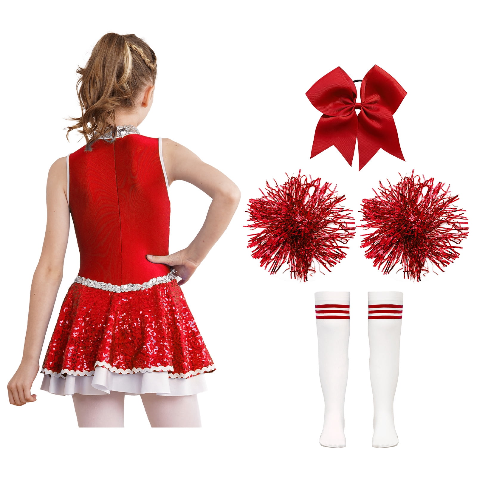 iiniim Girls Cheer Leader Sequins Cheerleading Dress with Pom Poms Headwear Socks for Halloween B Red 12