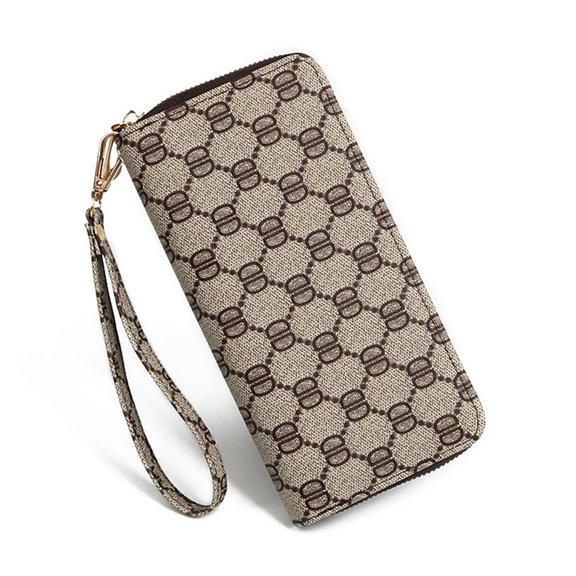 Women's Long Zipper Wallet With Classic Monogram Print And Detachable Wrist Strap, Large Capacity Clutch With Phone Pocket And Multiple Card Slots For Daily Use Travel Shopping Or Evening Out