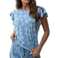 thumbnail image 4 of Camiseta de manga corta con volantes y cuello redondo con estampado informal a la moda para mujer Pompotops  hkajfhjk464276, 4 of 7