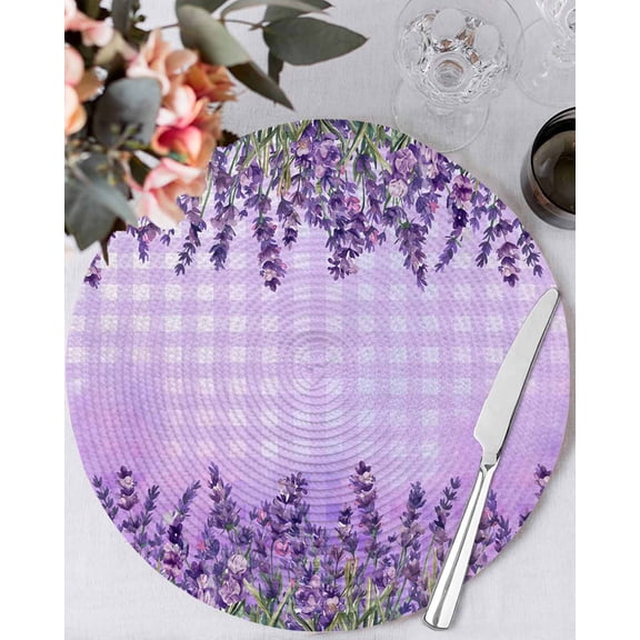 13 Inch Round Placemats Set of 4, Purple Lavender Non Slip Heat Insulation PP Table Mats, Spring Watercolor Wildflowers Plant Plaid Washable Place Mats for Kitchen Dining Party Table Decor