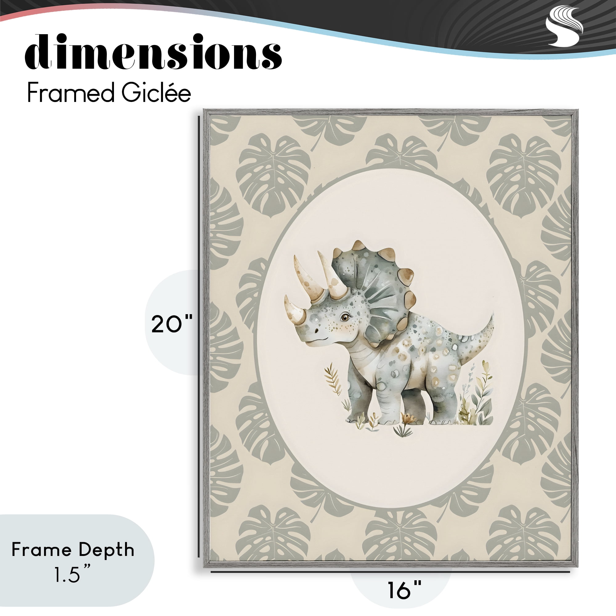Stupell Industries Watercolor Dinosaur Tropical Border Gray Framed Giclee Art, design by LSR Design Studio