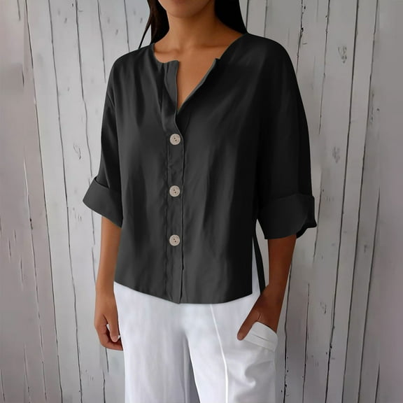EchfiProm Tops Women 3/4 Sleeve Fall Black Work Button Loose V Neck Solid Cotton Linen Blouse
