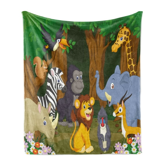 Animal Soft Flannel Fleece Throw Blanket, Cartoon Style Gazelle Giraffe Gorilla Lion Animals Illustration, Cozy Plush for Indoor and Outdoor Use, 50" x 60", Brown and Fern Green, by Ambesonne