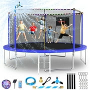 Vantic Upgraded 14FT Trampoline for Kids and Adults, Large Outdoor Trampoline with Stakes, Light, Sprinkler, Backyard Trampoline with Basketball Hoop and Net, Capacity for 4-6 Kids and Adults, Blue