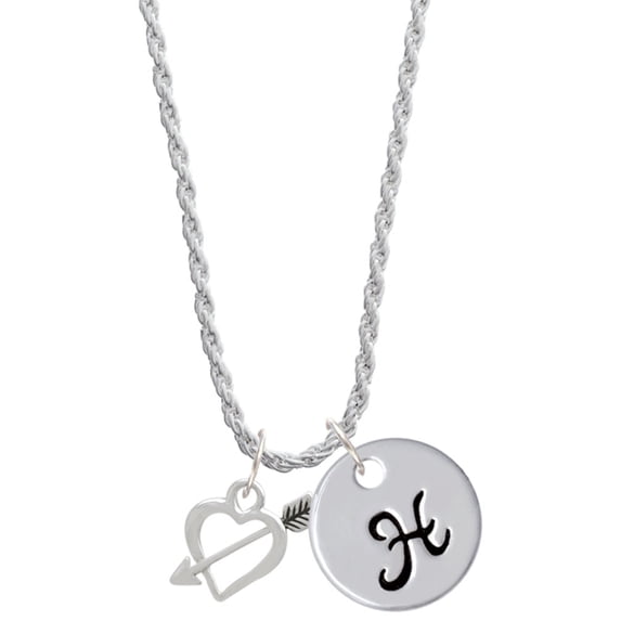 Delight Jewelry Silvertone Open Cupid's Heart Silvertone Script Initial Disc - H - Charm Necklace, 20"+3"