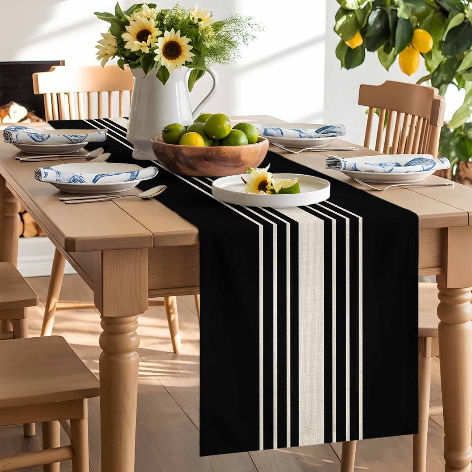 Black Stripe Line Table Runner 90 Inches Long, Retro Linen Table Runners Tabletop Scarf Kitchen Dining Tables Decoration for Home Party Indoor Outdoor