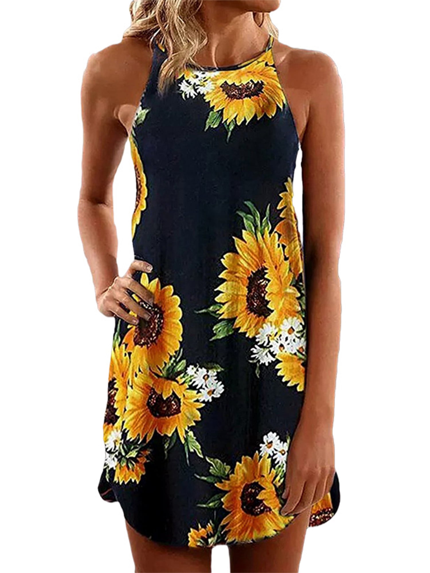 Strap Dresses Womens Summer Floral Prints Sleeveless Loose Beach Casual Swing Camis Midi Dress 