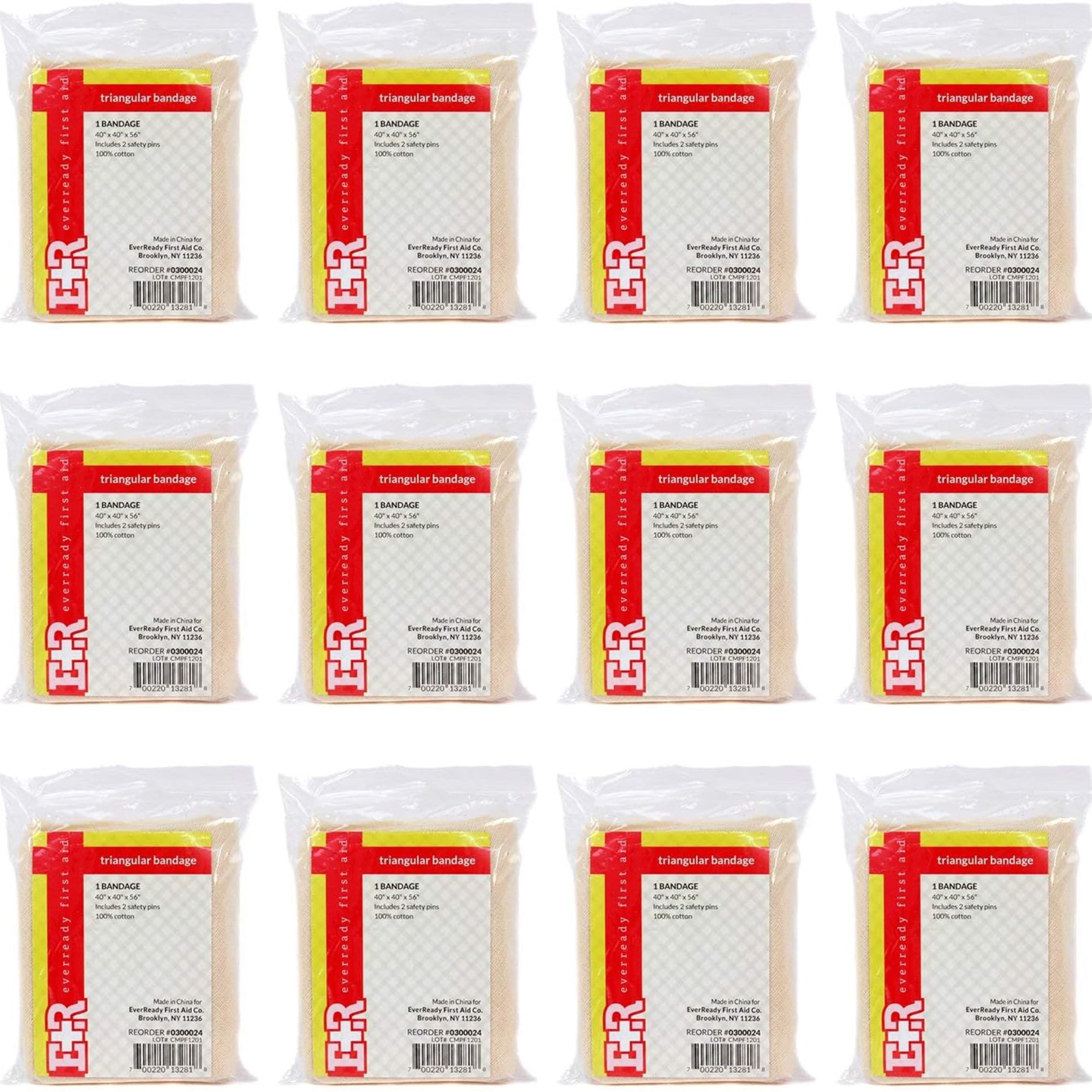 Ever Ready First Aid Medical Triangular Bandages for First Aid Kit with Safety Pins, 36-Count