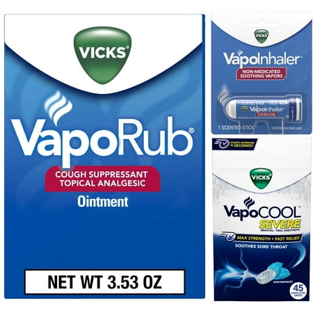 Vicks VapoRub 3.53oz + VapoInhaler 1 Count + VapoCool Menthol Severe Sore Throat Drops 45 Count