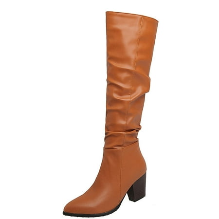

Gzztg Tall Boots For Women Autumn And Winter Warm Pointed Toe Thick High Heels Thin Knee-High Shoes