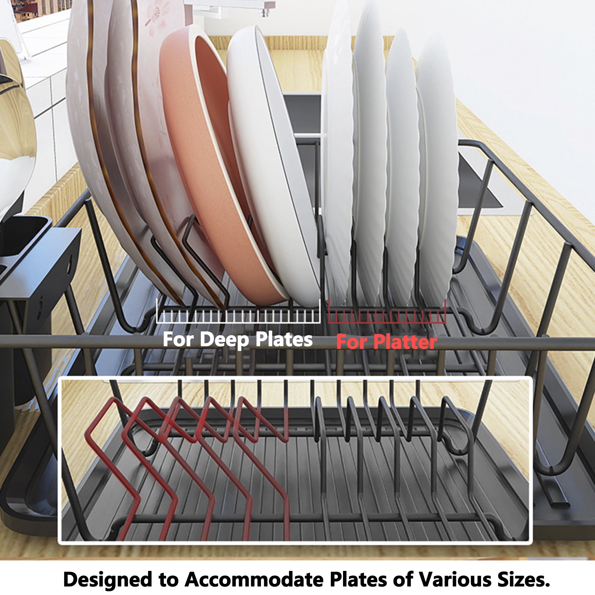 HUFTGOLD Kitchen Counter Dish Drying Rack with Detachable Cutlery Holder, Compact Kitchen Sink Organizer for Plates, Bowls & Cups, Black