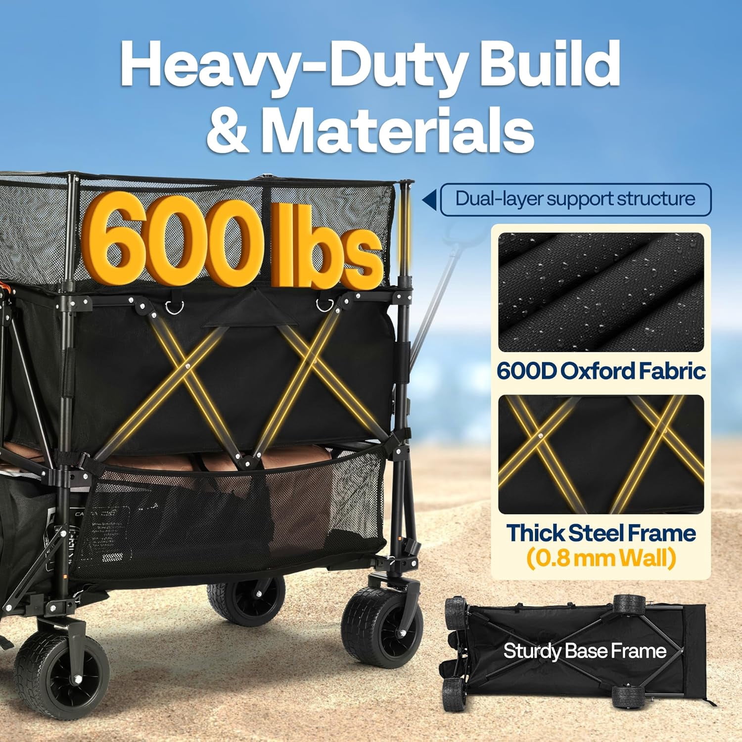 SPECSTAR 500L Large Capacity Double Decker Collapsible Wagon 500lbs Heavy Duty Utility Folding Cart with Big Wheels 53" Extended for Camping, Sports