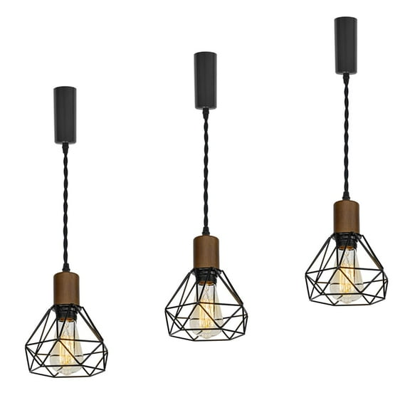 KAYYELAMP H-Type Track Lamp Walnut Base Metal Hollowing Shade Adjusted Cord Vintage Track Pendant Light Set Three for Kitchen Dining Table Bar(No Bulb, Track)
