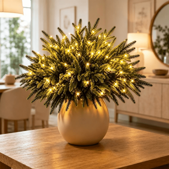 Christmas Pine Stems with Warm LED Lights, Battery Operated Bendable Artificial Faux Branches for Vase, Mantel and Table Home Holiday Decor