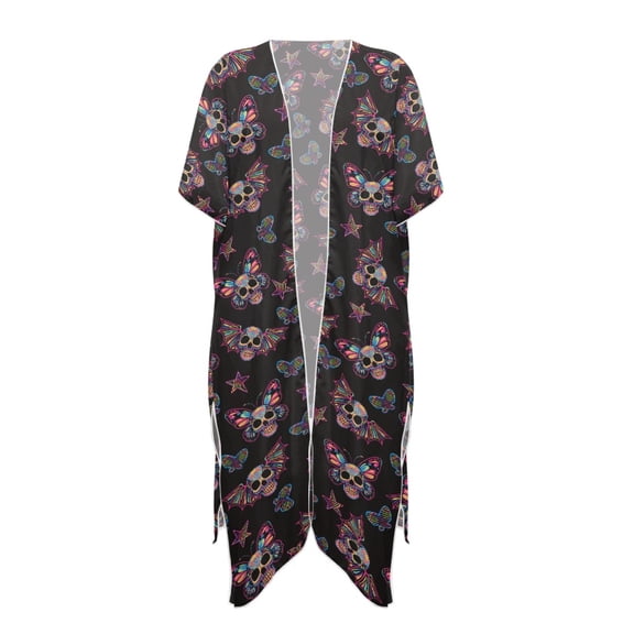 HELLHERO Skull Butterfly Long Kimono Swimsuit Cover Up Polyester Breathable Free Size Bathing Suit Cover Up for Women