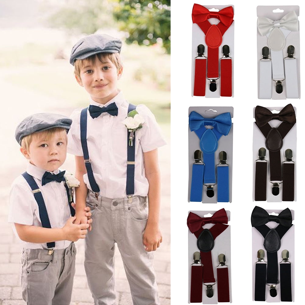 CUTE Baby Toddler Kids Children Boys Plain Elastic Suspender & Bow Tie Set