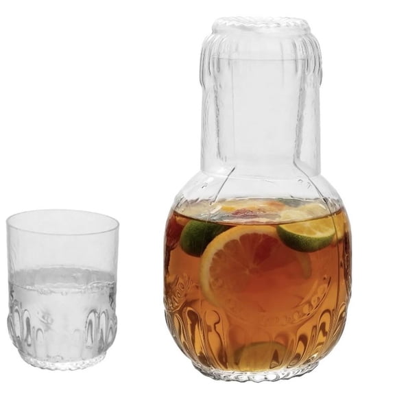 Water Carafe and Glass Set - 18 oz Transparent Glass Water Pitcher | Embossed Design Bedside Carafe, Multi‑Functional Tumbler Set for Bedroom, Bathroom, Kitchen & More