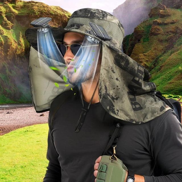 Sombrero de pesca grande con protección solar y doble ventilador solar | Batería recargable USB de 800 mAh | Ala ancha 12cm | Malla transpirable | Ajuste ajustable 22-24" | Senderismo al aire libre