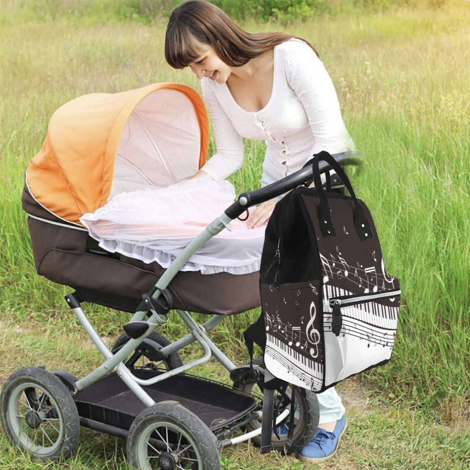 Ratiio Piano Keys With Musical Notes Mummy Backpack - Waterproof Twill Canvas, Large Capacity Diaper Bag with Multiple Pockets and Adjustable Straps