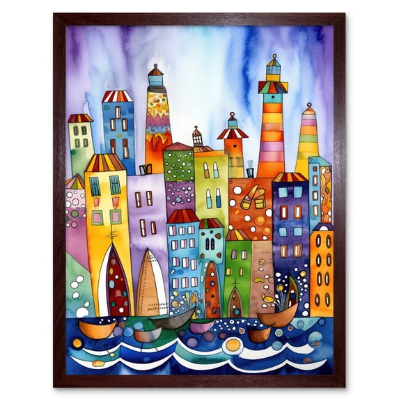 Canal Area Folk Art Watercolour Painting Art Print Framed Poster Wall Decor 12x16 inch