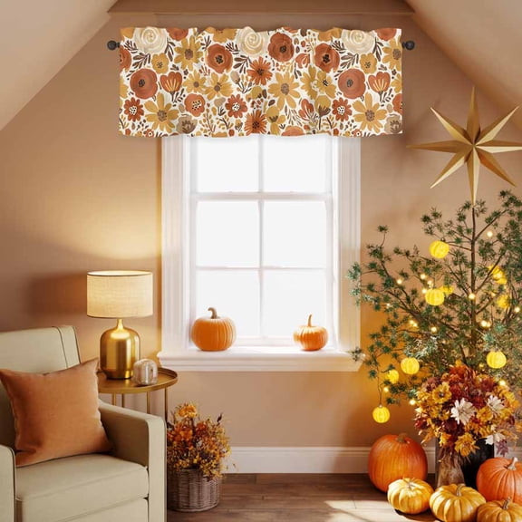 Kitchen Valances for Window, Watercolor Fall Flower Leaves Light Filtering Rod Pocket Valance Curtain, Seamless Botanical Plants  Short Curtains Window Topper for Bedroom 42x12in