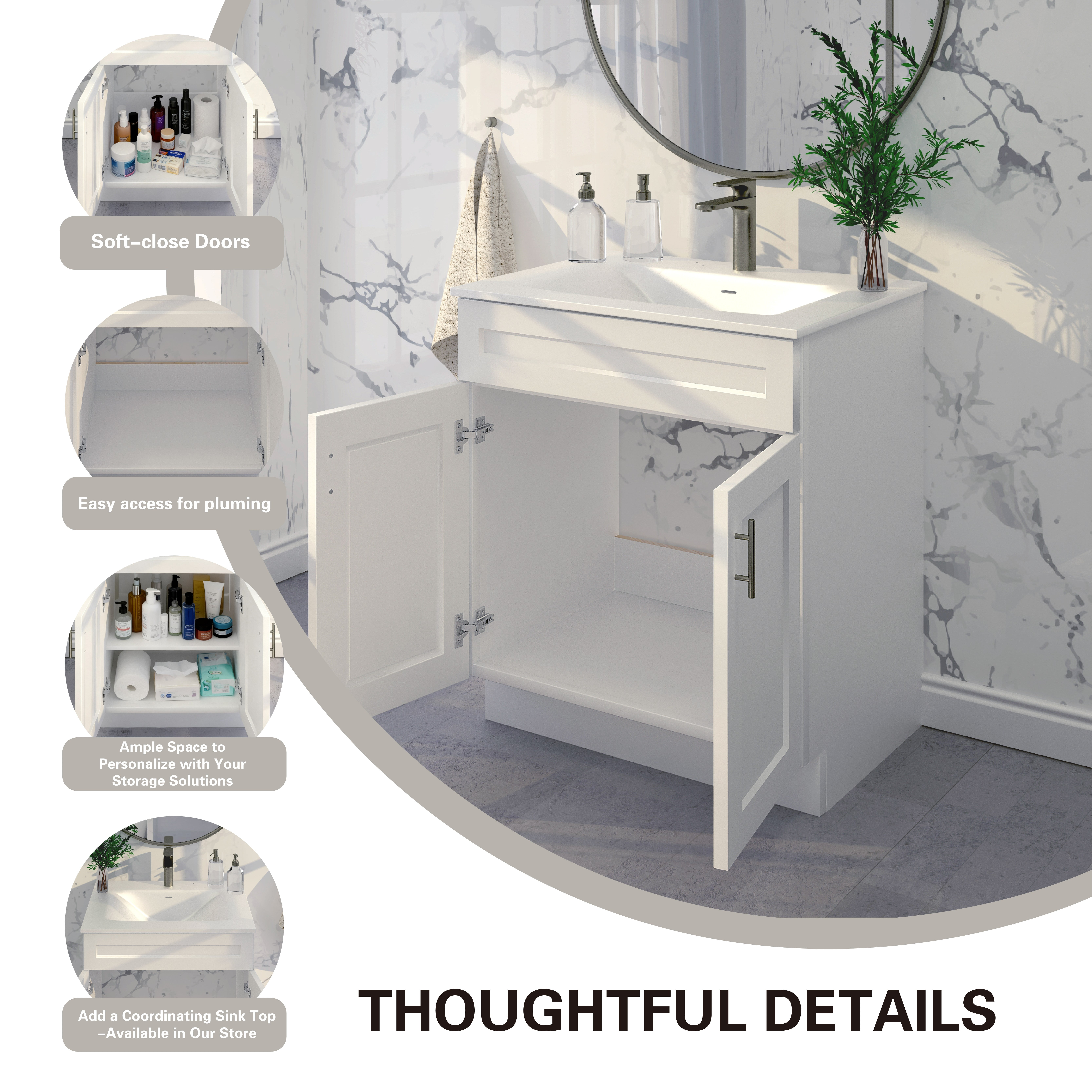 White Shaker Sink Base Bathroom Vanity Ready-to-Assemble Cabinet 24" Width