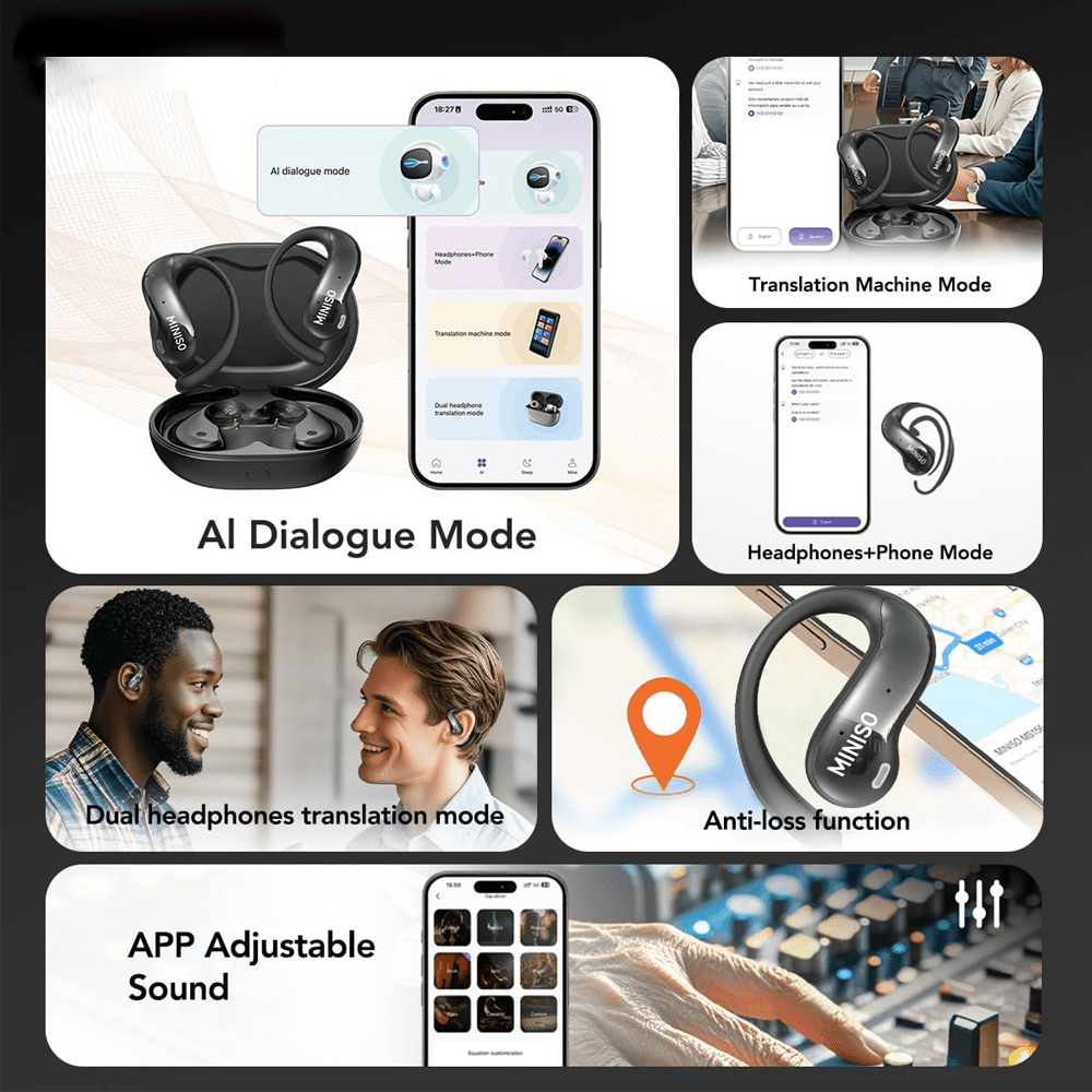 MINISO MS188 Bluetooth Headphones Open Ear Translation Earbuds with Mic Display Charging Case Waterproof IPX5
