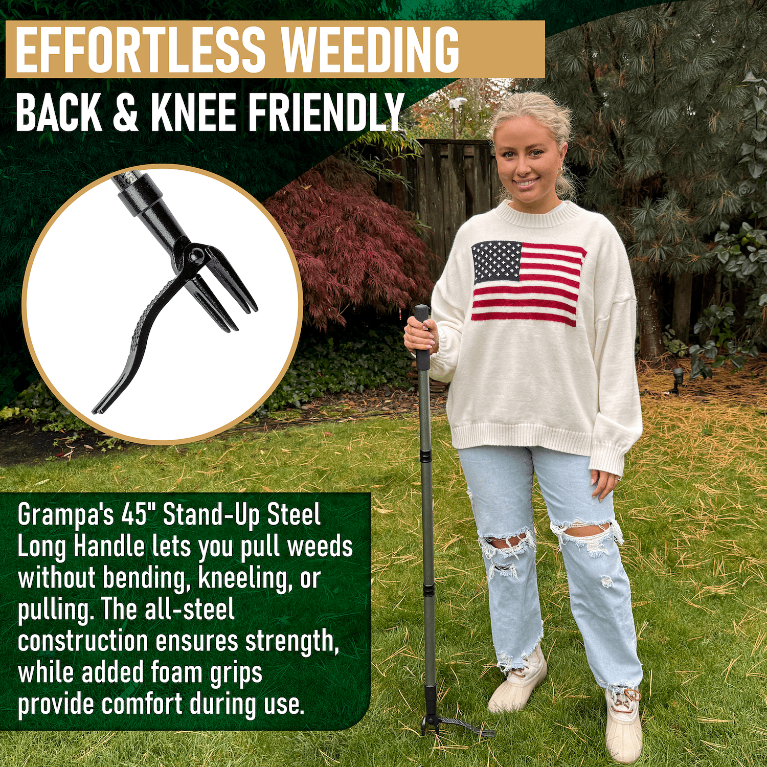 Grampa's Metal Weeder - Stand Up Weed Puller Tool With Steel Long Handle - Made With All Steel Handle & 4-Claw Steel Head - Easily Remove Weeds Without Bending, Pulling, or Kneeling (Black)